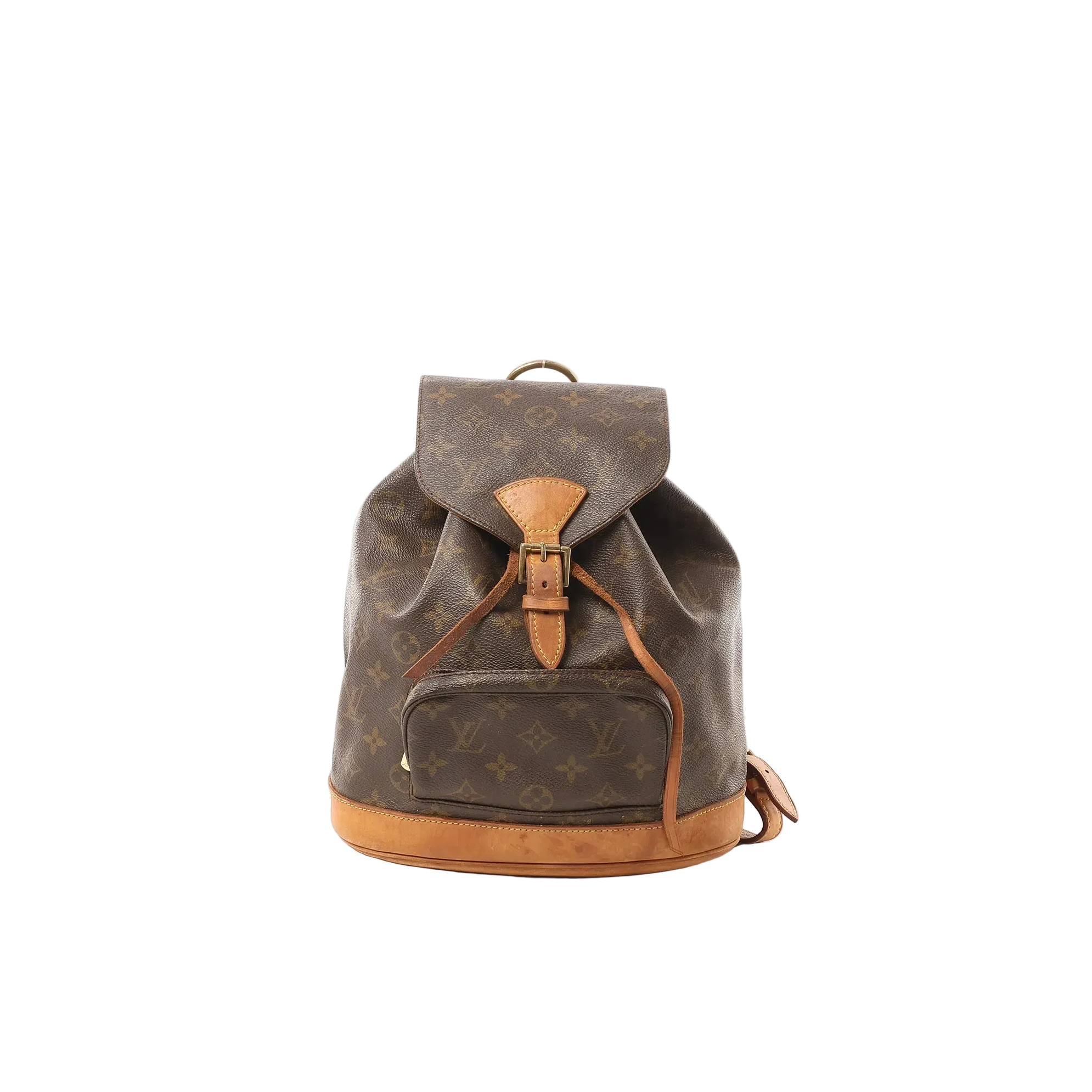 Louis Vuitton Monogram canvas Montsouris MM backpack in brown with tan vachetta leather trim, buckle flap, drawstring closure, and front pocket