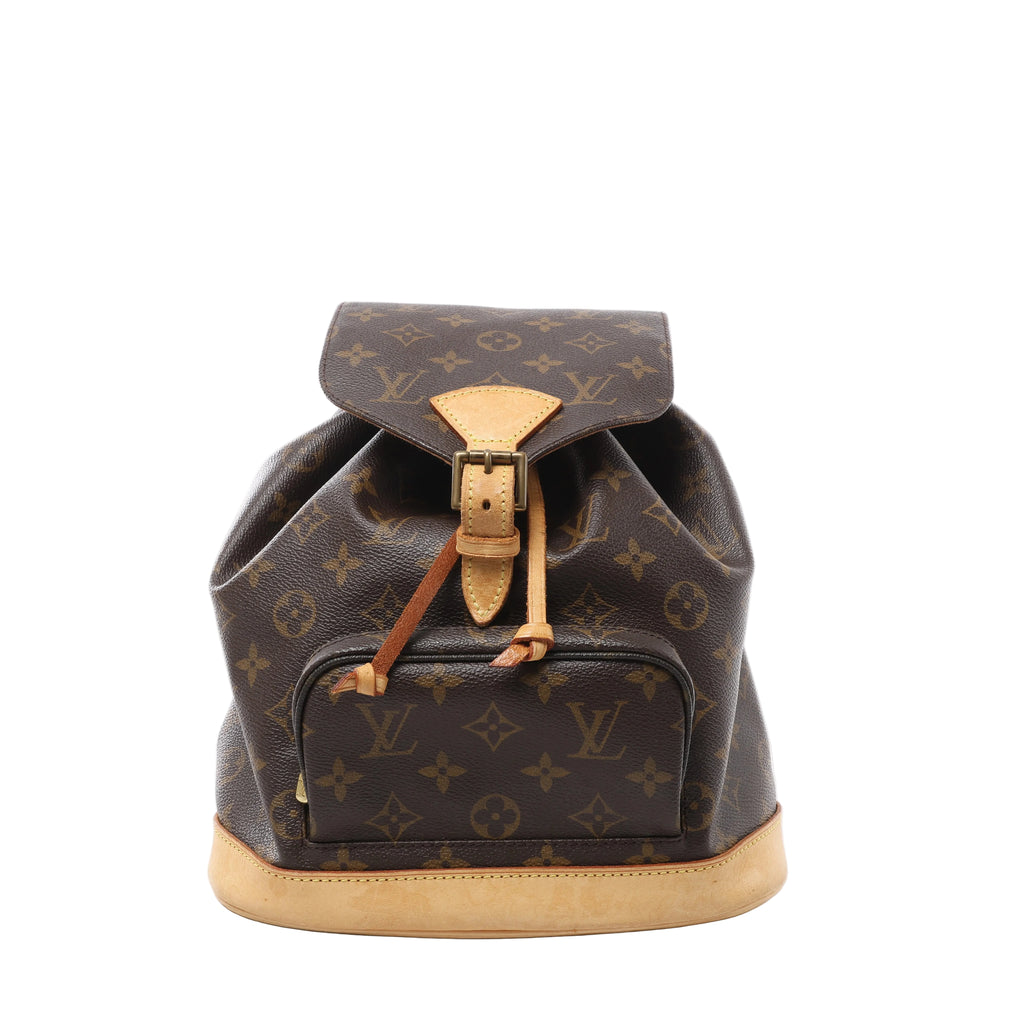 Front view of a brown Louis Vuitton Montsouris backpack with Monogram canvas, a tan leather buckle strap and base, leather drawstrings and a front zip pocket.