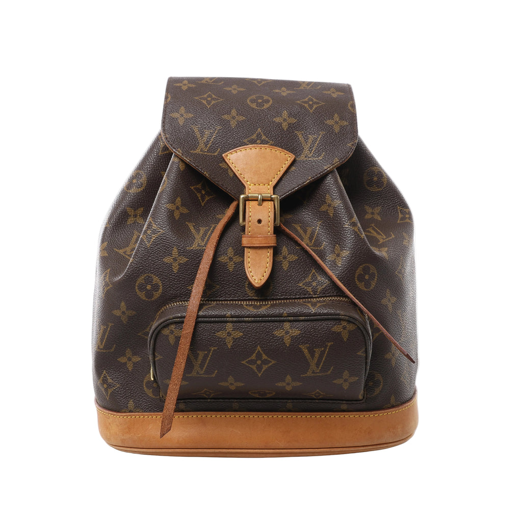Brown Louis Vuitton Montsouris MM Monogram backpack with a tan leather base and buckle strap, flap top, leather drawstring and front zip pocket.