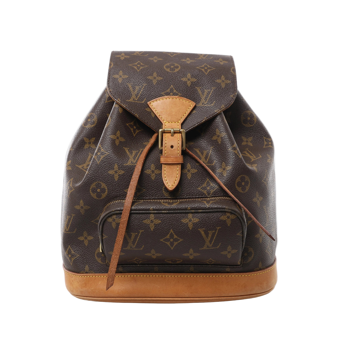 Brown Louis Vuitton Montsouris MM Monogram backpack with a tan leather base and buckle strap, flap top, leather drawstring and front zip pocket.
