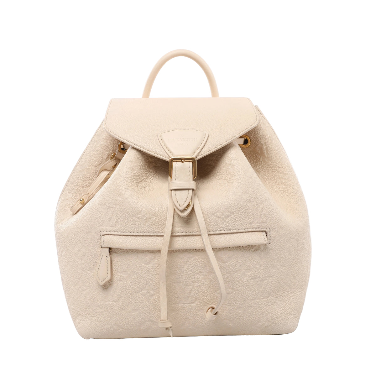 Beige Louis Vuitton Montsouris PM backpack with embossed Monogram leather, a top handle, drawstring ties, gold-tone buckle detail and front zip pocket.