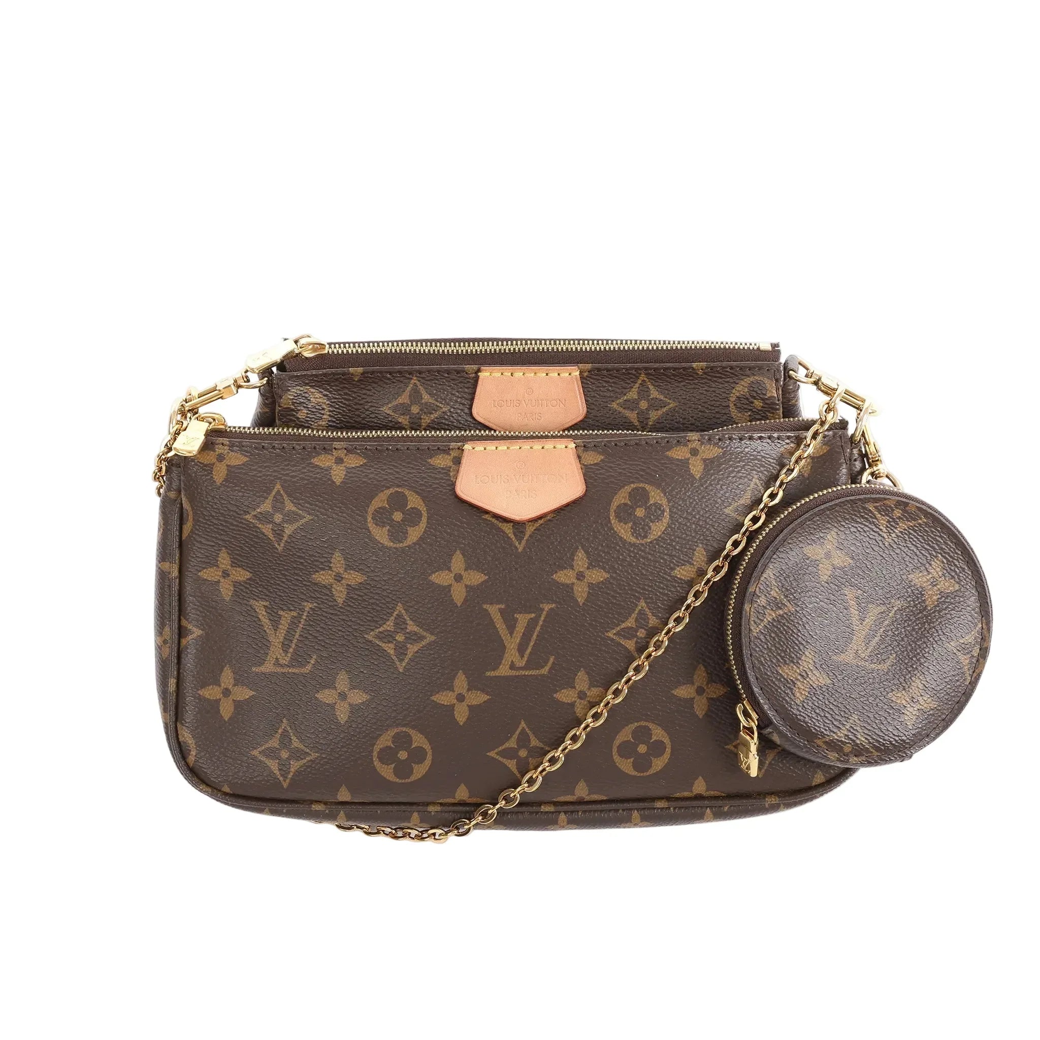 Louis Vuitton Multi Pochette Accessoires in brown Monogram canvas with two zip pouches, gold chain strap, and round coin purse charm on white background
