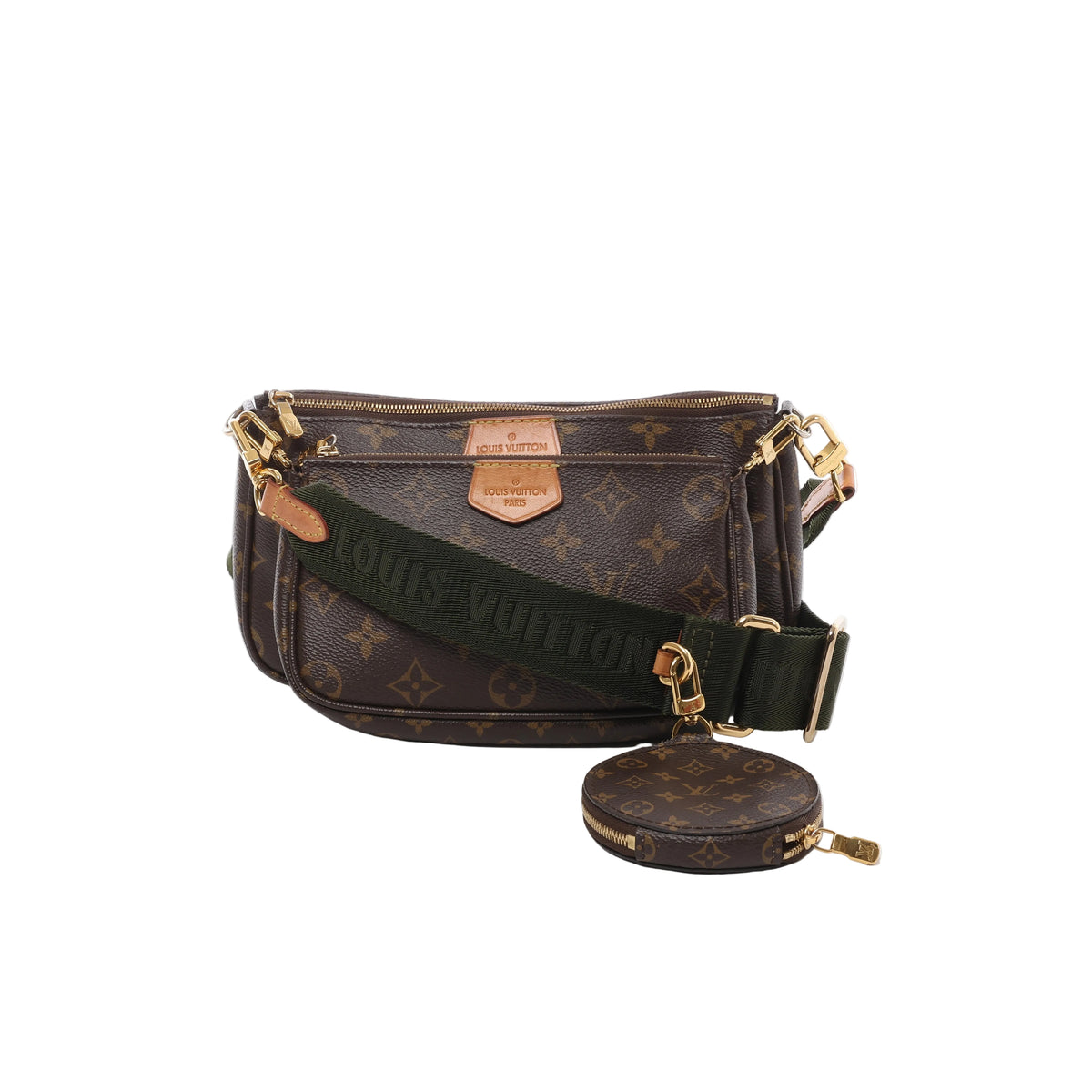 Louis Vuitton Multi Pochette Accessoires in brown Monogram with two zip pouches, a round coin purse, khaki logo strap and gold-tone hardware.