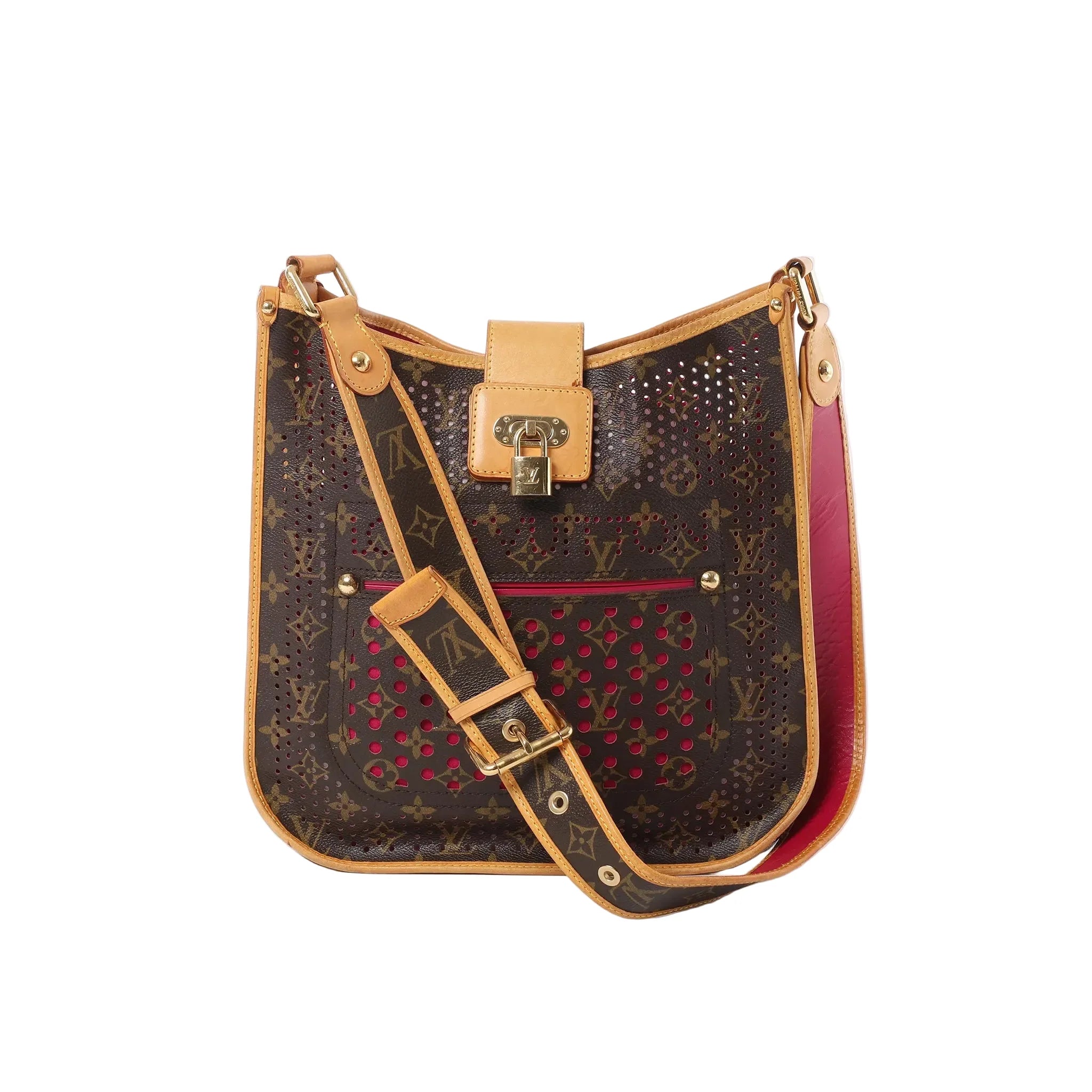 Louis Vuitton Musette shoulder bag in brown perforated monogram with pink underlay, natural leather trim, gold-tone padlock closure, front zip pocket, and adjustable monogram strap.