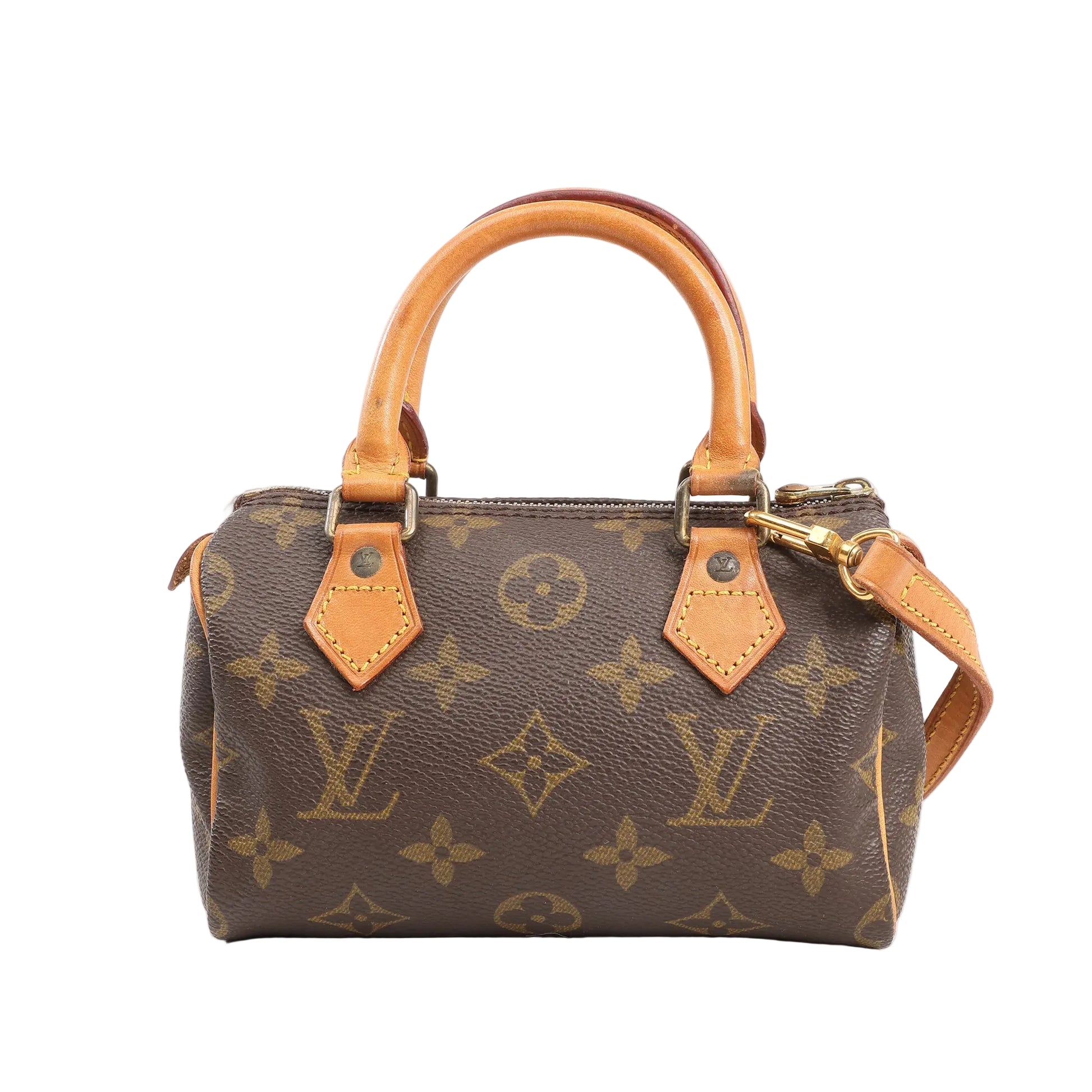 Louis Vuitton Speedy Nano 2Way handbag in brown Monogram canvas with natural vachetta leather handles and trim, gold-tone hardware, and detachable shoulder strap.