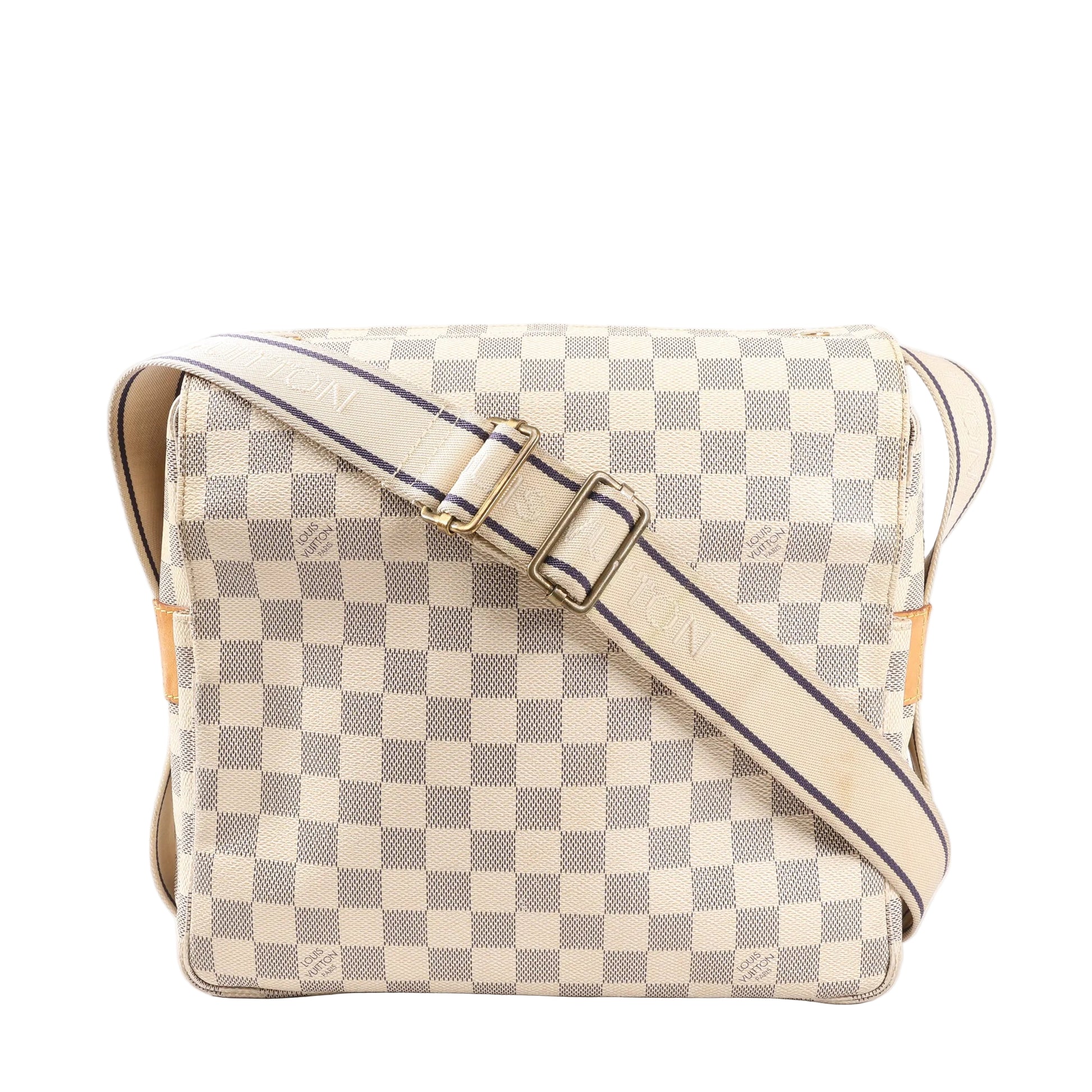 Front view of a Louis Vuitton Naviglio N51189 shoulder bag in beige Damier Azur canvas, featuring a flap closure, wide adjustable canvas strap with logo, and square messenger-style silhouette.