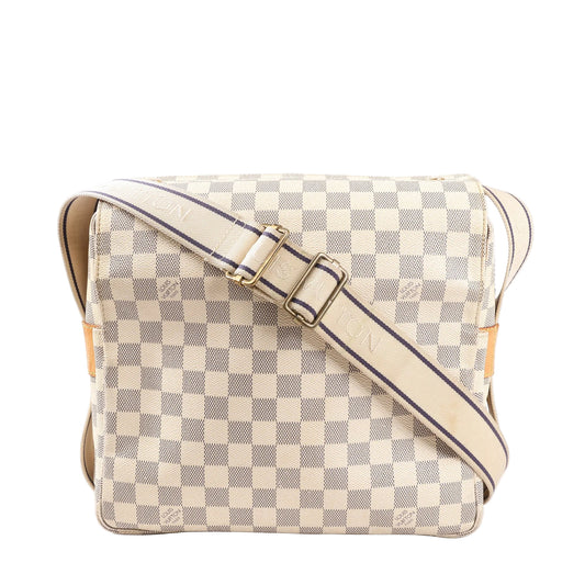 Front view of a Louis Vuitton Naviglio N51189 shoulder bag in beige Damier Azur canvas, featuring a flap closure, wide adjustable canvas strap with logo, and square messenger-style silhouette.