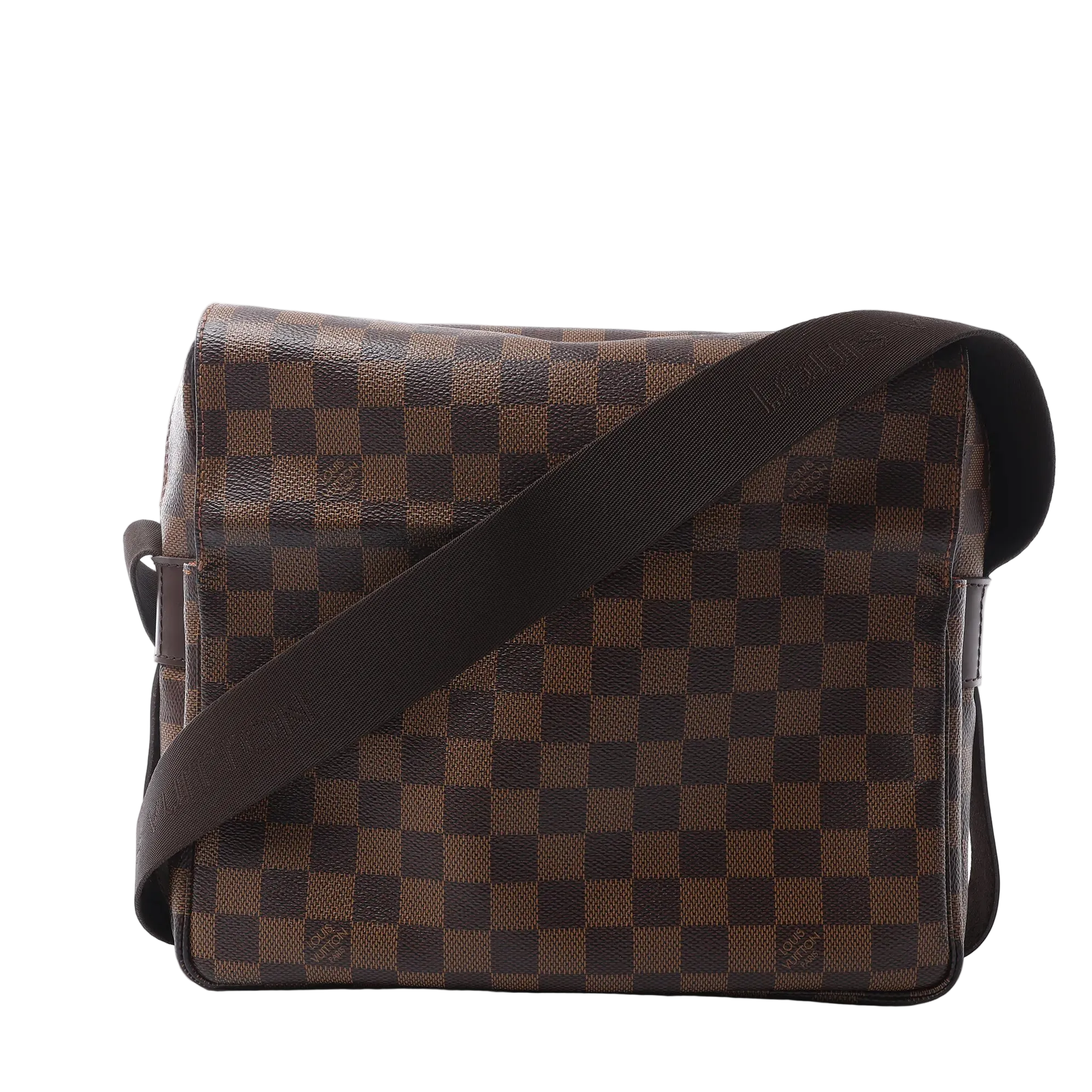 Louis Vuitton Naviglio crossbody bag in brown Damier Ebene canvas with a wide dark shoulder strap, flap front and dark leather trim.