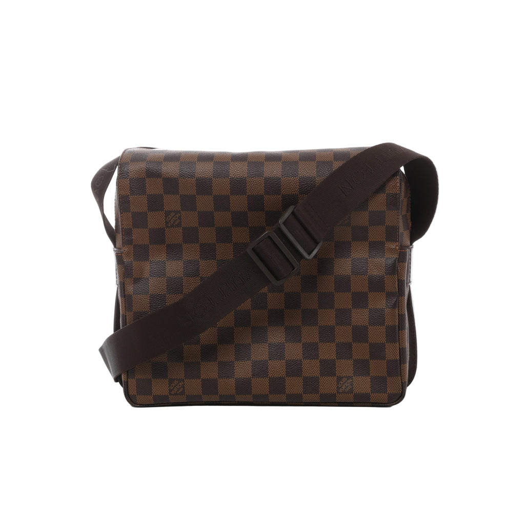 Louis Vuitton Naviglio Damier Ebene crossbody bag with checkerboard canvas, wide dark brown adjustable shoulder strap and flap front.