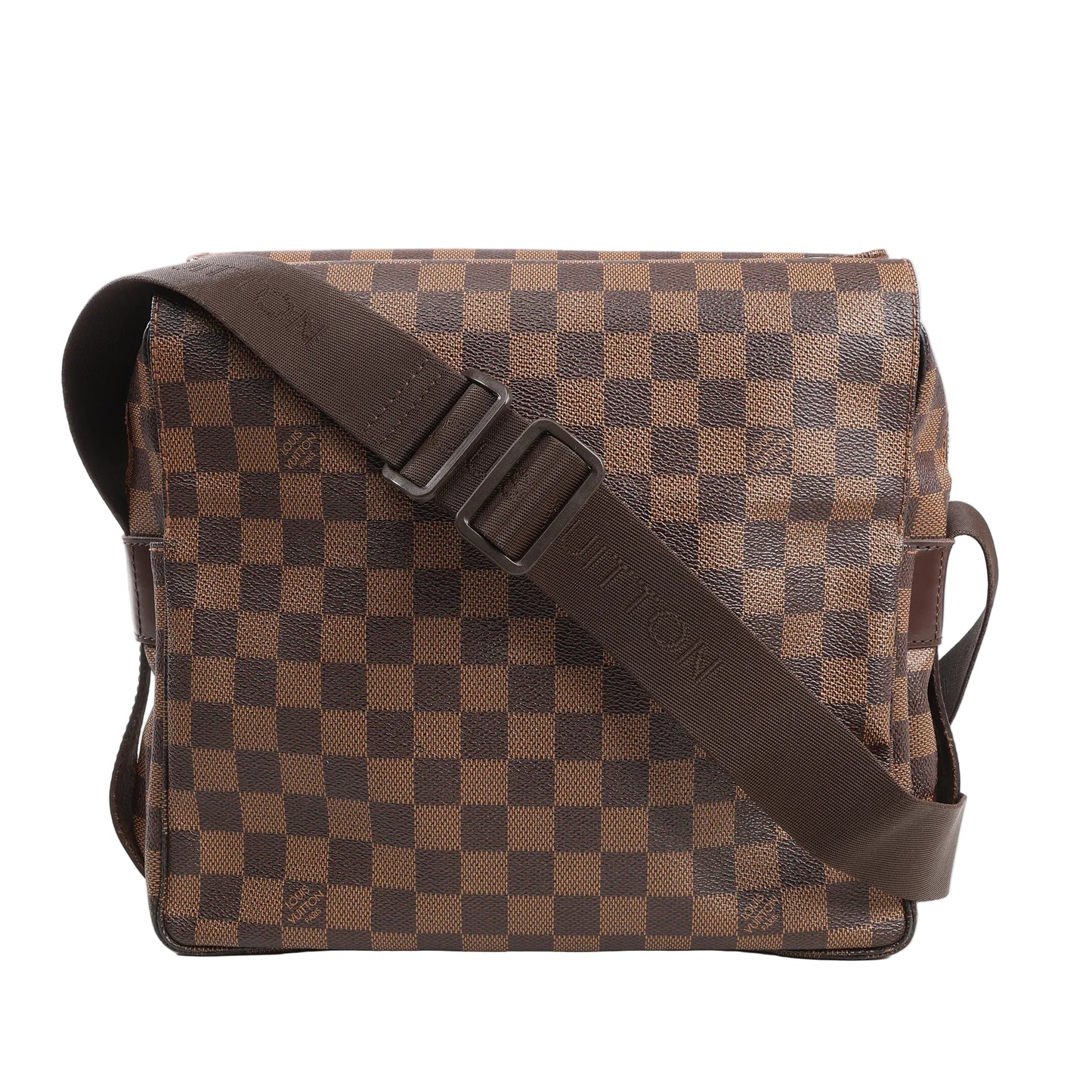 Louis Vuitton Naviglio shoulder bag in brown Damier Ebene canvas featuring a checkerboard pattern, flap closure, and adjustable fabric shoulder strap with embossed “Louis Vuitton” branding.