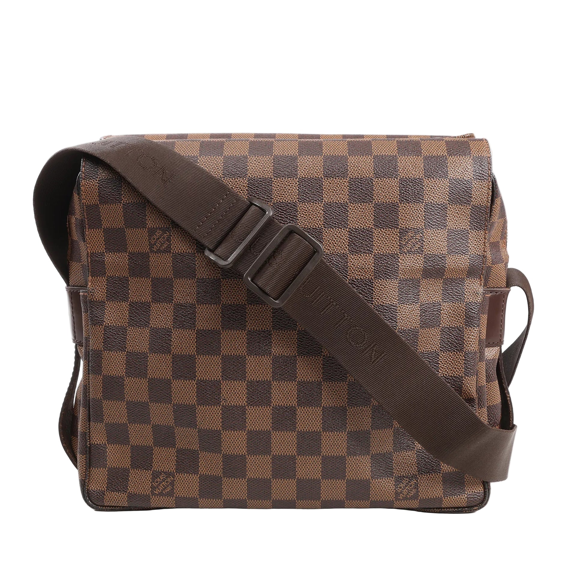 Louis Vuitton Naviglio shoulder bag in brown Damier Ebene canvas featuring a checkerboard pattern, flap closure, and adjustable fabric shoulder strap with embossed “Louis Vuitton” branding.