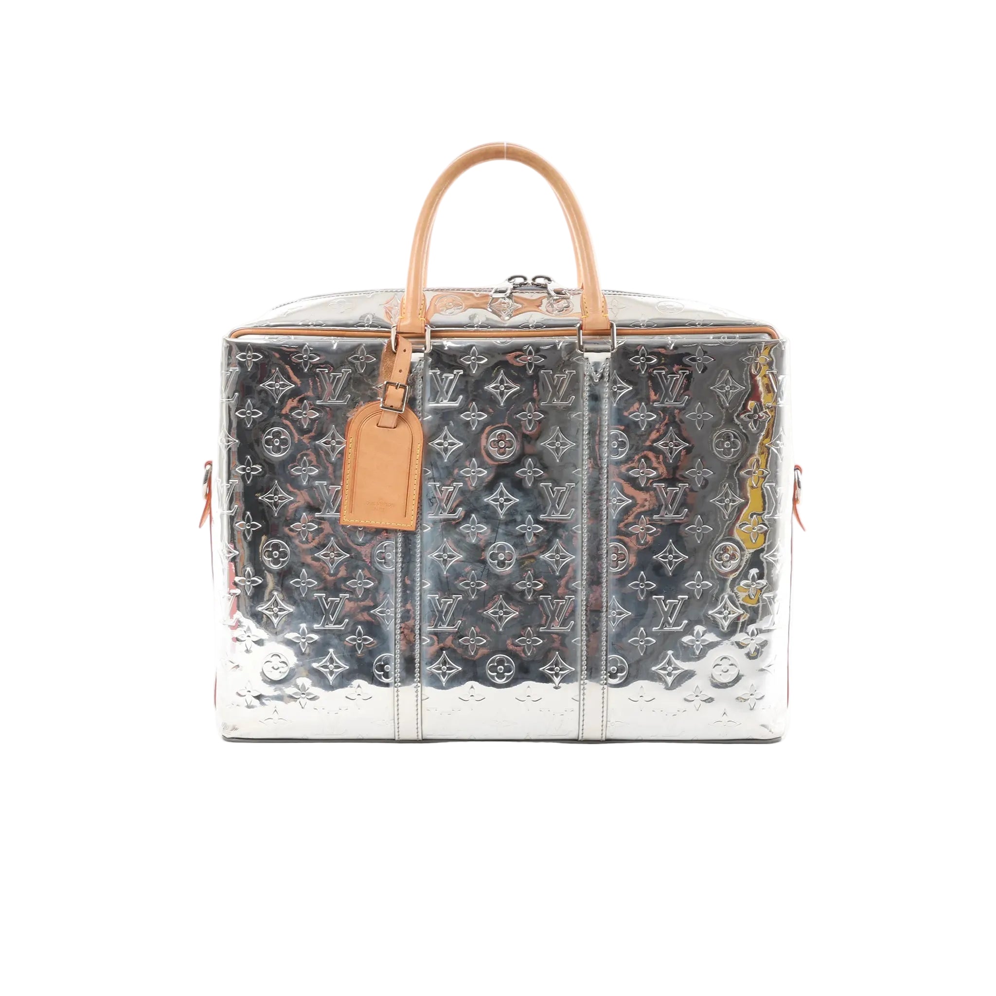 Silver Louis Vuitton Monogram Mirror tote with embossed monogram pattern, natural leather top handles, zip-top closure, and hanging leather tag.