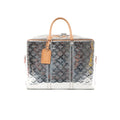Silver Louis Vuitton Monogram Mirror tote with embossed monogram pattern, natural leather top handles, zip-top closure, and hanging leather tag.