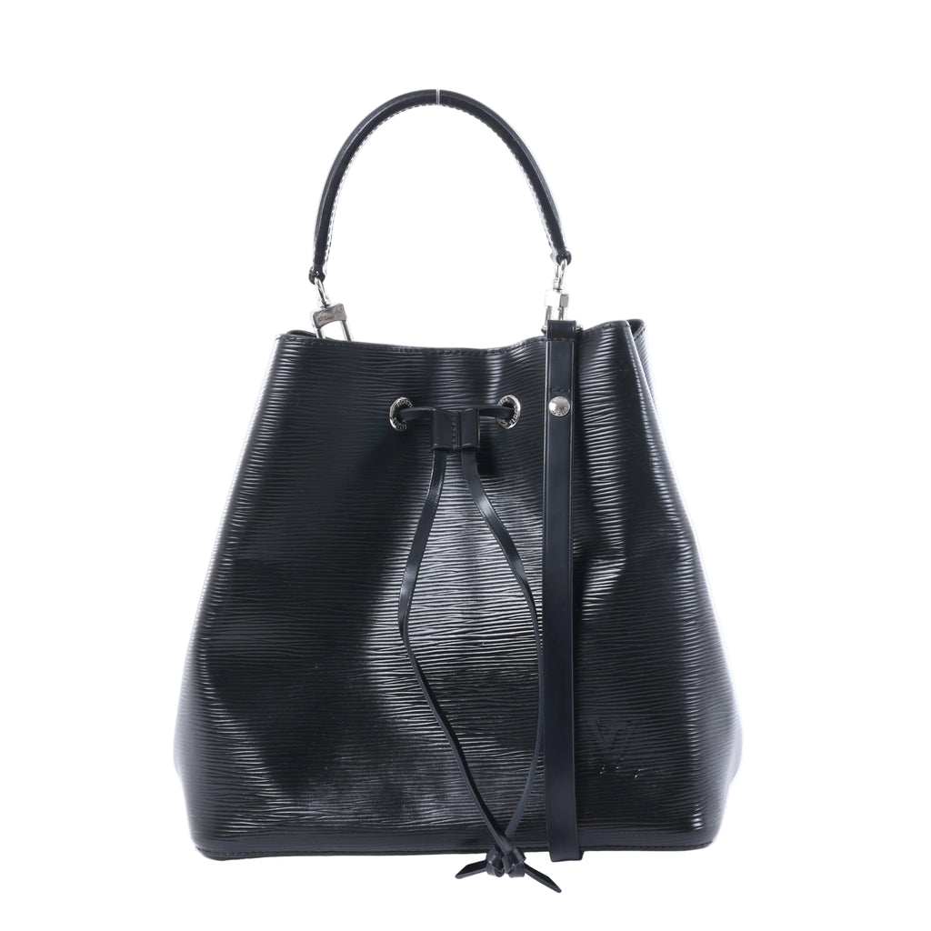 Louis Vuitton NéoNoé black Epi leather bucket bag with drawstring closure, silver-tone eyelets, top handle and shoulder strap.