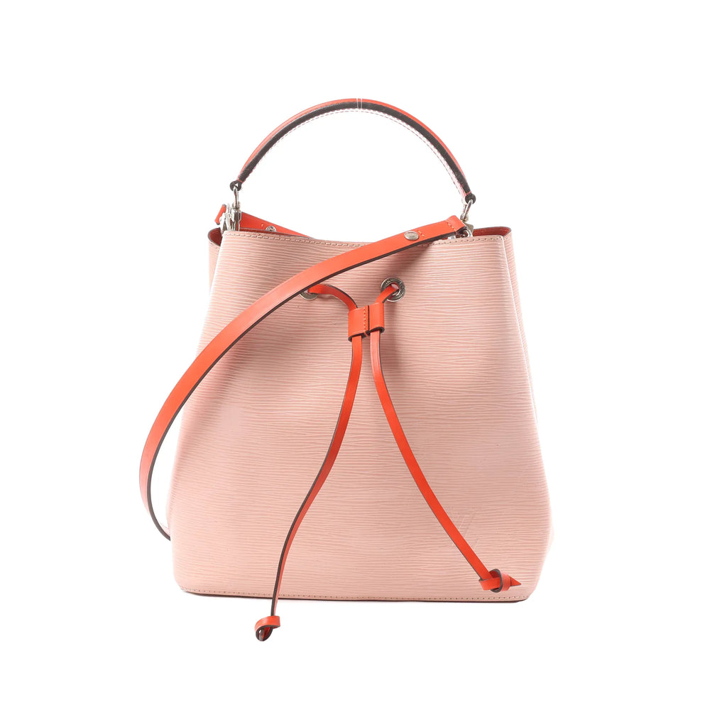 Pink Louis Vuitton Néonoé Epi leather bucket bag with orange drawstring ties, top handle, and detachable shoulder strap.