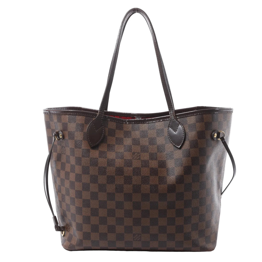 Louis Vuitton Neverfull MM shoulder bag in brown Damier Ebene canvas with dark leather trim, slim shoulder straps, side laces and an open top.
