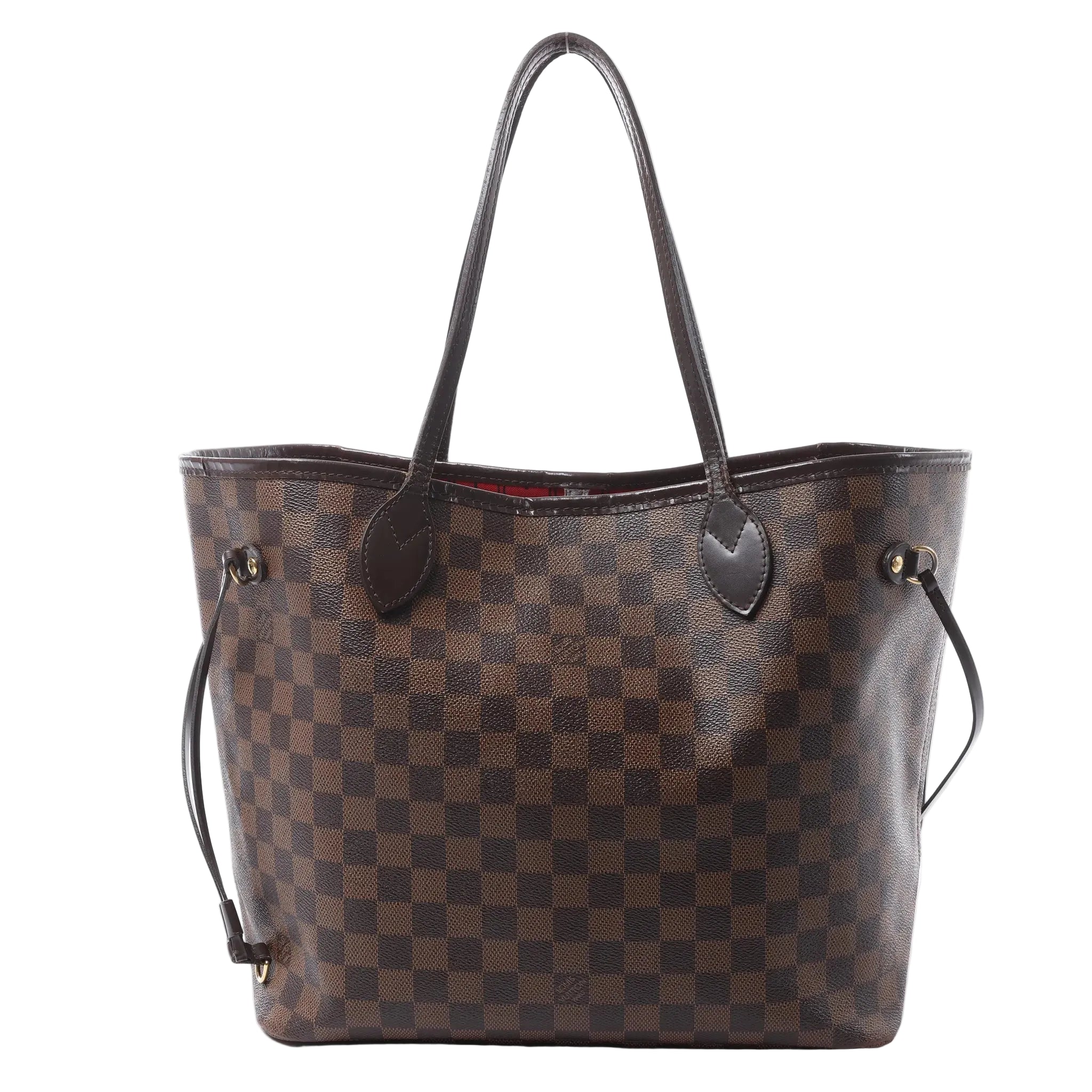 Louis Vuitton Neverfull MM shoulder bag in brown Damier Ebene canvas with dark leather trim, slim shoulder straps, side laces and an open top.