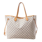 Louis Vuitton Neverfull GM shoulder bag in Damier Azur canvas with tan leather trim, slim shoulder straps, side laces and an open-top silhouette.