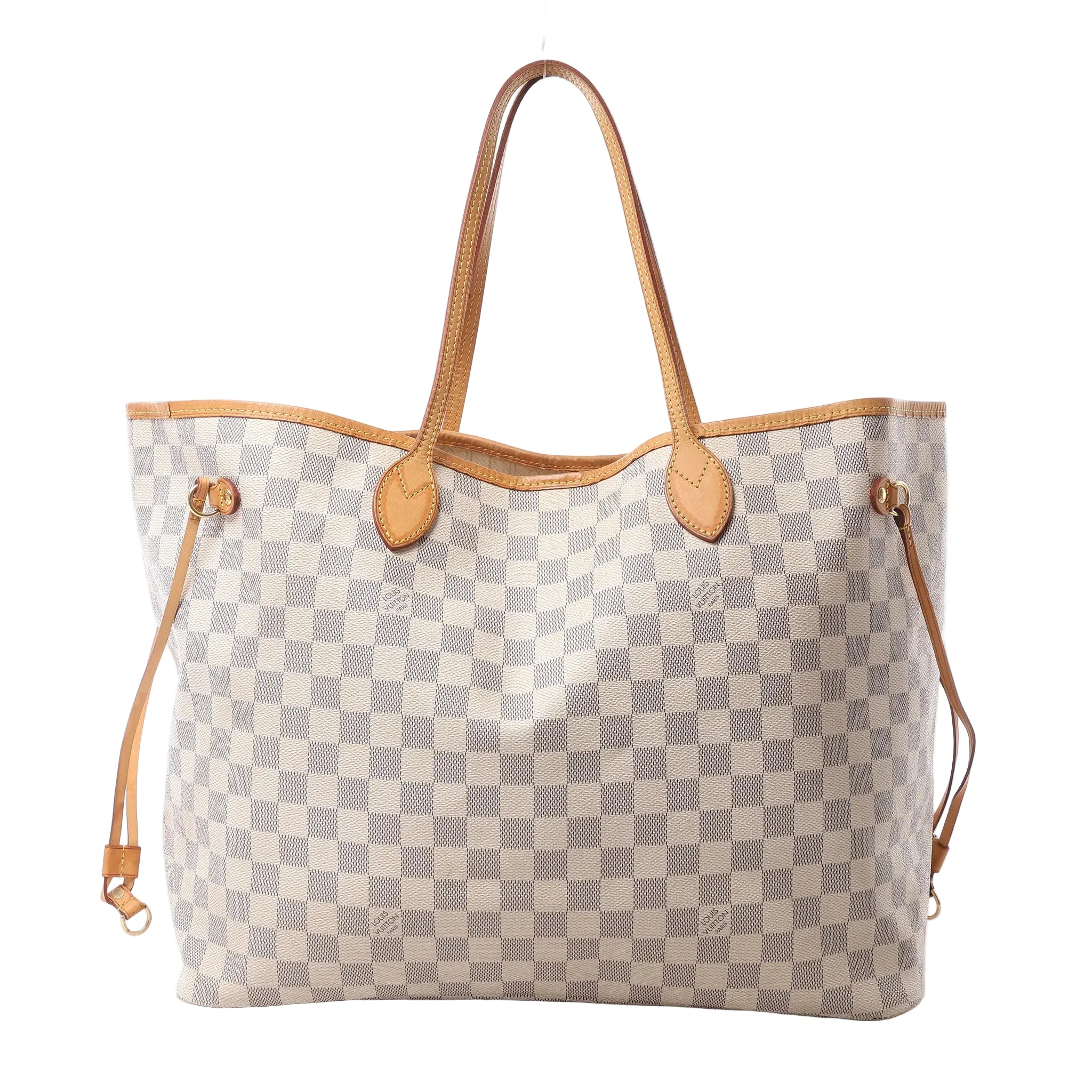 Louis Vuitton Neverfull GM shoulder bag in Damier Azur canvas with tan leather trim, slim shoulder straps, side laces and an open-top silhouette.