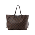 Brown Louis Vuitton Neverfull GM Damier Ebene canvas tote with dark leather shoulder straps, side cinch laces and gold-tone hardware.