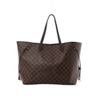 Brown Louis Vuitton Neverfull GM Damier Ebene canvas tote with dark leather shoulder straps, side cinch laces and gold-tone hardware.