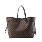 Louis Vuitton Neverfull GM shoulder bag in brown Damier Ebene canvas with dark leather trim, slim shoulder straps, side laces and open top.