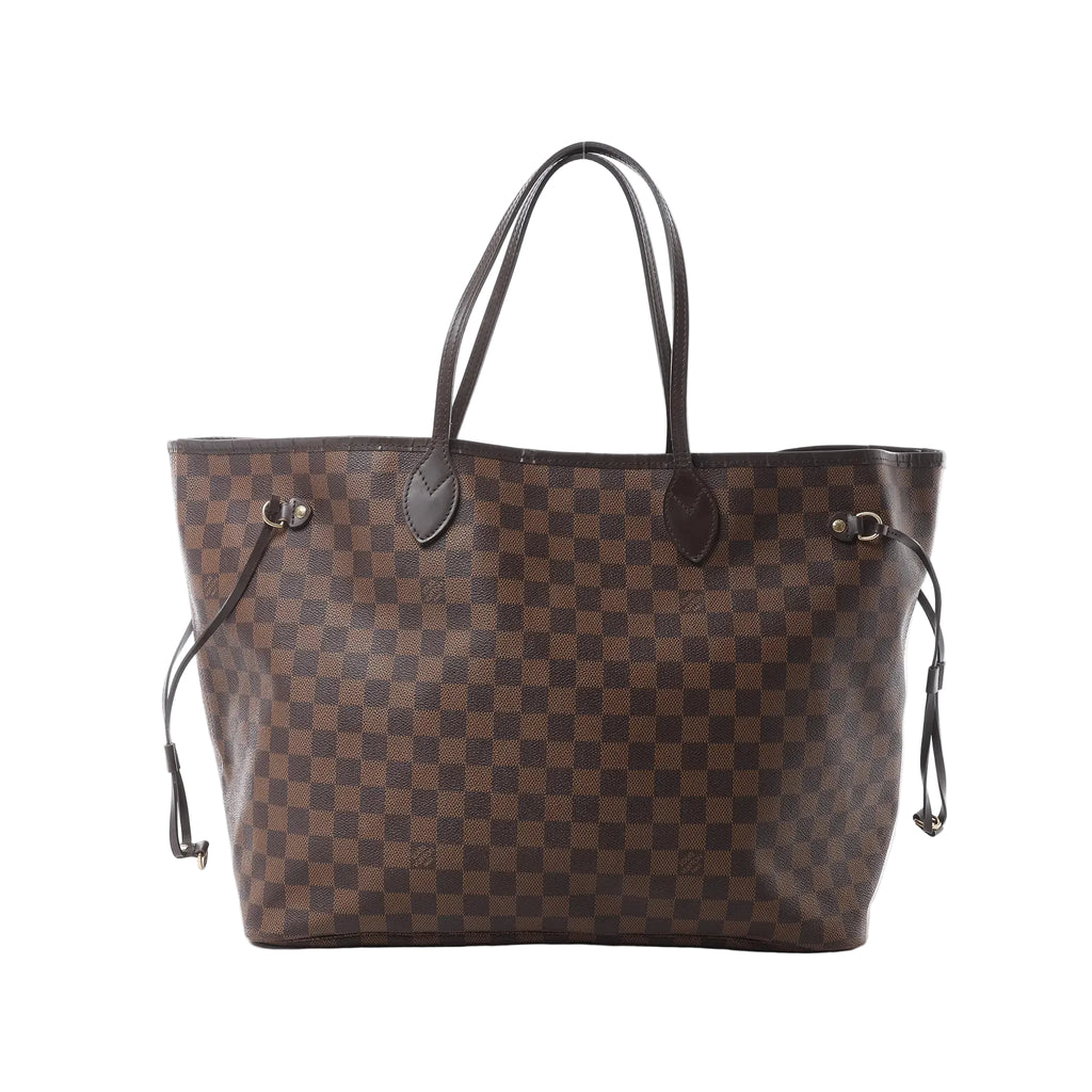 Louis Vuitton Neverfull GM shoulder bag in brown Damier Ebene canvas with dark leather handles, side laces and an open-top silhouette.