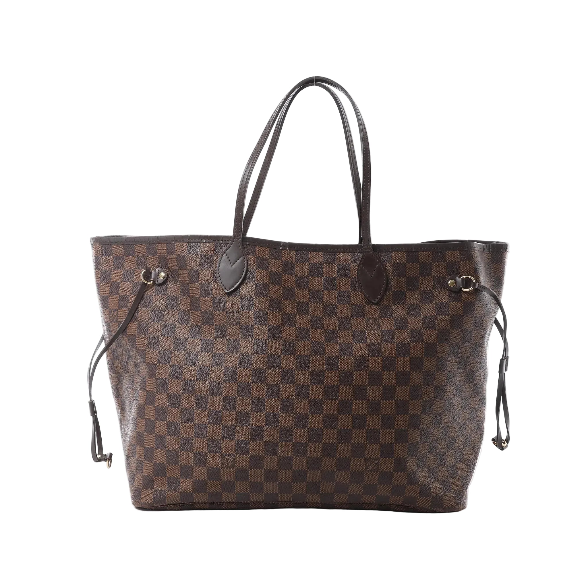 Louis Vuitton Neverfull GM shoulder bag in brown Damier Ebene canvas with dark leather handles, side laces and an open-top silhouette.