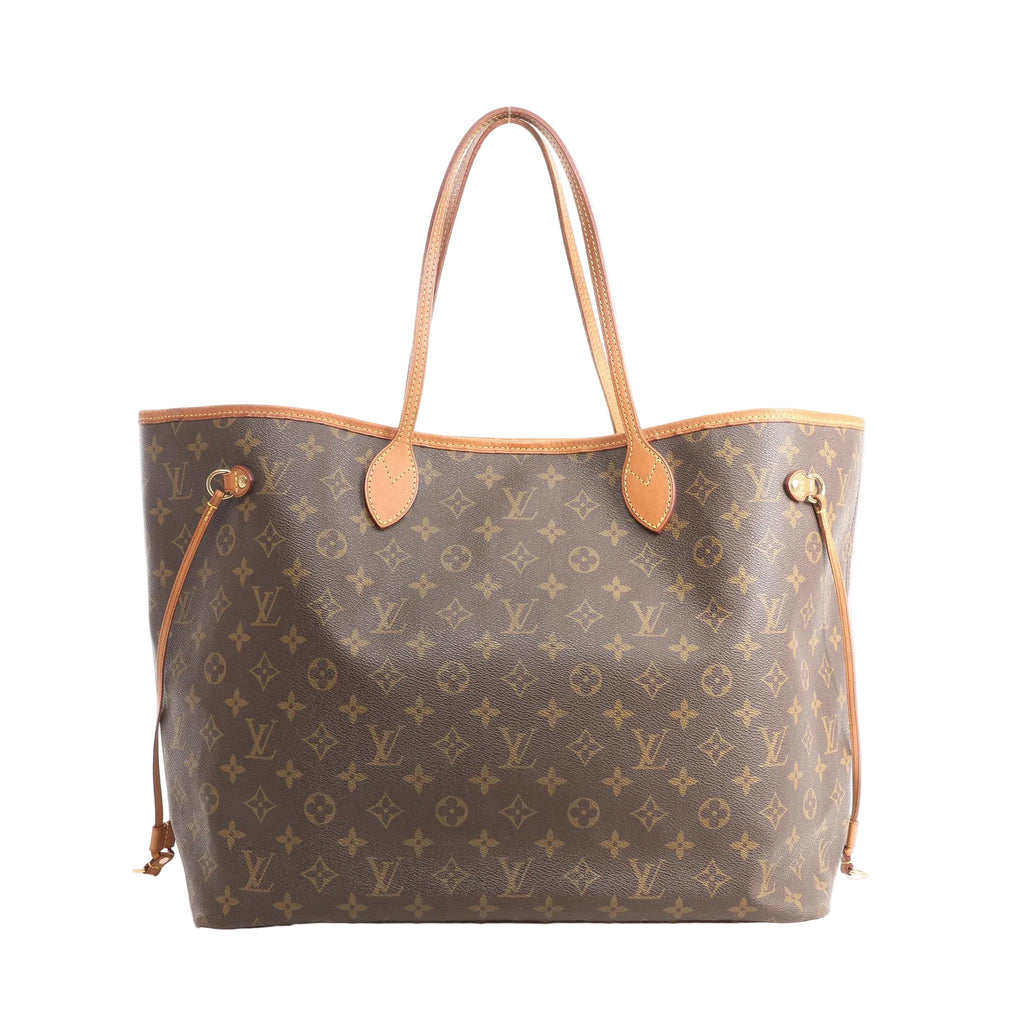 Louis Vuitton Neverfull GM brown Monogram canvas tote with long vachetta leather shoulder straps, vachetta trim along the top edge, and side drawstring laces with gold-tone hardware, shown on a white background.