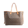 Louis Vuitton Neverfull GM brown Monogram canvas tote with long vachetta leather shoulder straps, vachetta trim along the top edge, and side drawstring laces with gold-tone hardware, shown on a white background.
