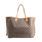 Louis Vuitton Neverfull GM brown Monogram canvas tote with long vachetta leather shoulder straps, vachetta trim along the top edge, and side drawstring laces with gold-tone hardware, shown on a white background.
