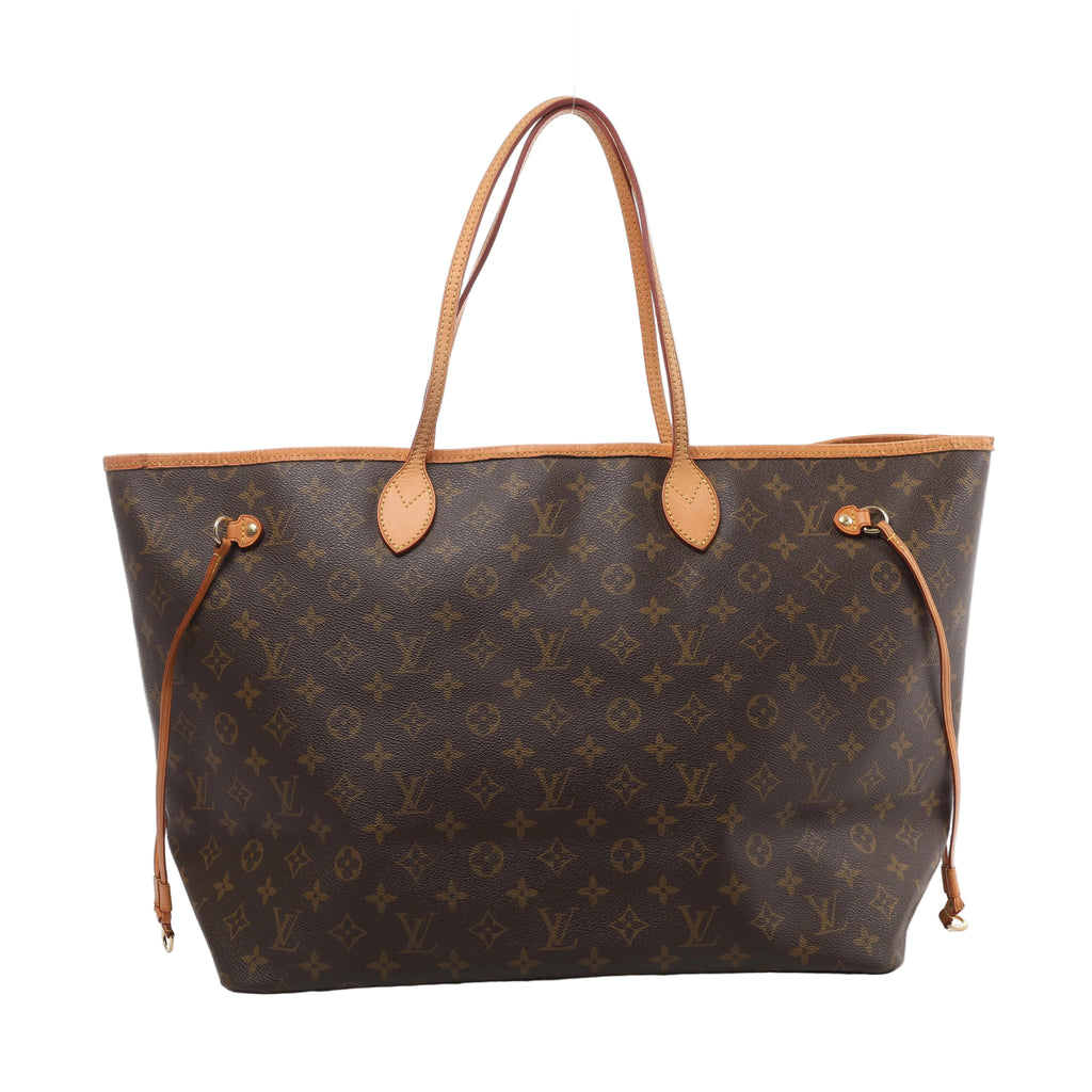 Brown Louis Vuitton Neverfull GM Monogram canvas tote with natural leather shoulder straps, side cinch cords and gold-tone hardware.
