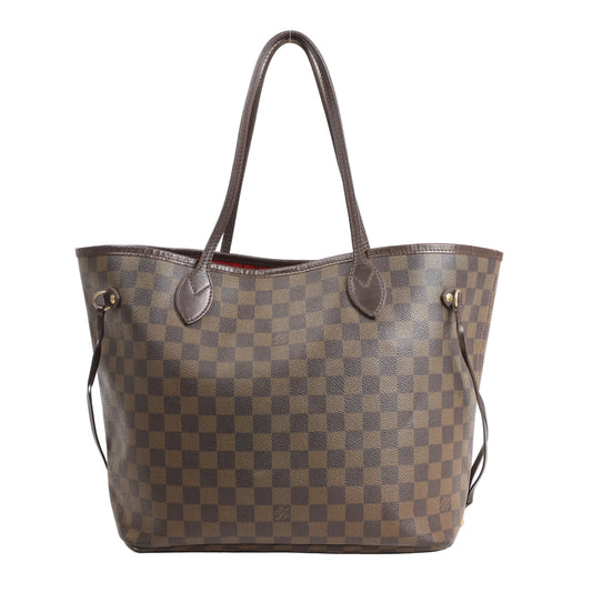 Louis Vuitton Neverfull MM N51105 tote bag in brown Damier Ebene coated canvas with dark brown leather handles, side cinch straps, and a roomy open-top design with red interior lining.