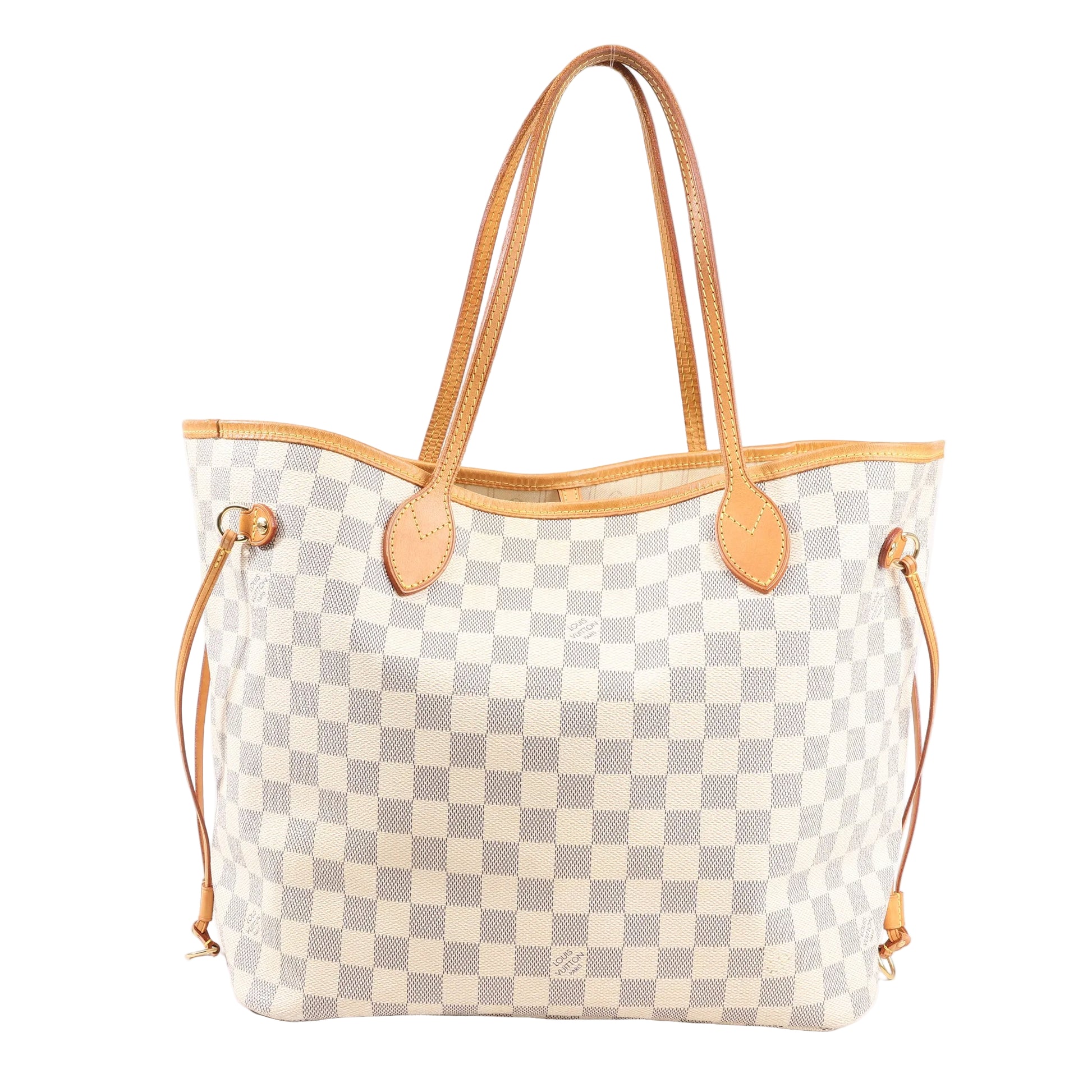 Front view of a Louis Vuitton Neverfull MM tote bag in beige Damier Azur canvas, featuring natural leather trim, dual slim shoulder straps, side drawstring ties, and a spacious open-top design.