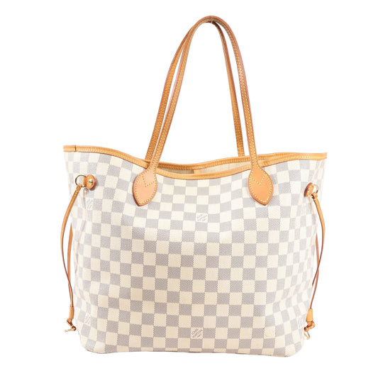 Front view of a Louis Vuitton Neverfull MM tote bag in beige Damier Azur canvas, featuring natural leather trim, dual slim shoulder straps, side drawstring ties, and a spacious open-top design.