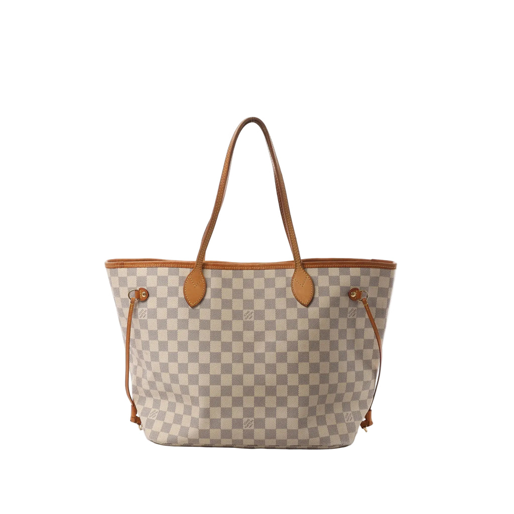 Louis Vuitton Neverfull MM Damier Azur checkerboard tote bag in beige and white with vachetta leather shoulder straps, trim, and side drawstring laces on white background.