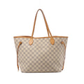 Front view of Louis Vuitton Neverfull MM Damier Azur tote with a light checkerboard pattern, tan leather shoulder handles, trim and side ties.