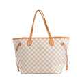 Louis Vuitton Neverfull MM N51107 shoulder bag in beige Damier Azur canvas with natural leather trim, dual handles, and adjustable side drawstrings.
