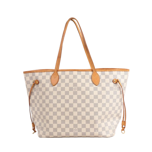 Louis Vuitton Neverfull MM N51107 shoulder bag in beige Damier Azur canvas with natural leather trim, dual handles, and adjustable side drawstrings.