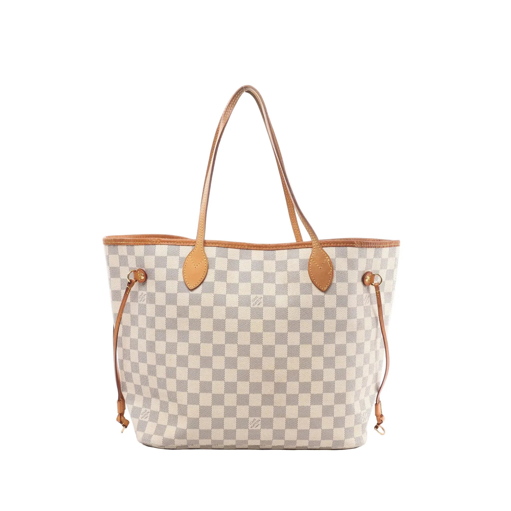 Louis Vuitton Neverfull MM Damier Azur checkered canvas tote with tan leather trim, long shoulder straps, and side drawstring laces, front view on white background.
