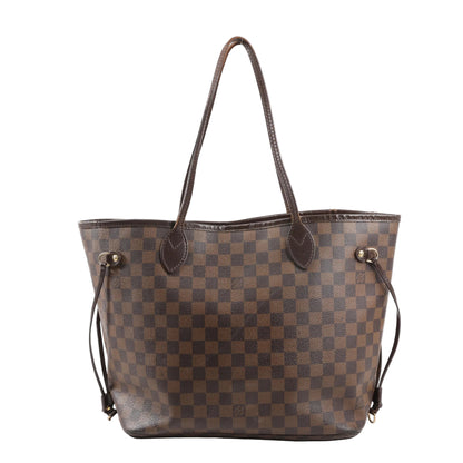 Louis Vuitton Neverfull MM Shoulder Bag N51105 in brown Damier Ebene checkered canvas with dark brown leather trim, slim shoulder straps, and gold-tone hardware.