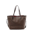 Louis Vuitton Neverfull MM Damier Ebene checkered canvas tote with dark brown leather trim, slim shoulder straps, side drawstring laces, and red interior on a white background.