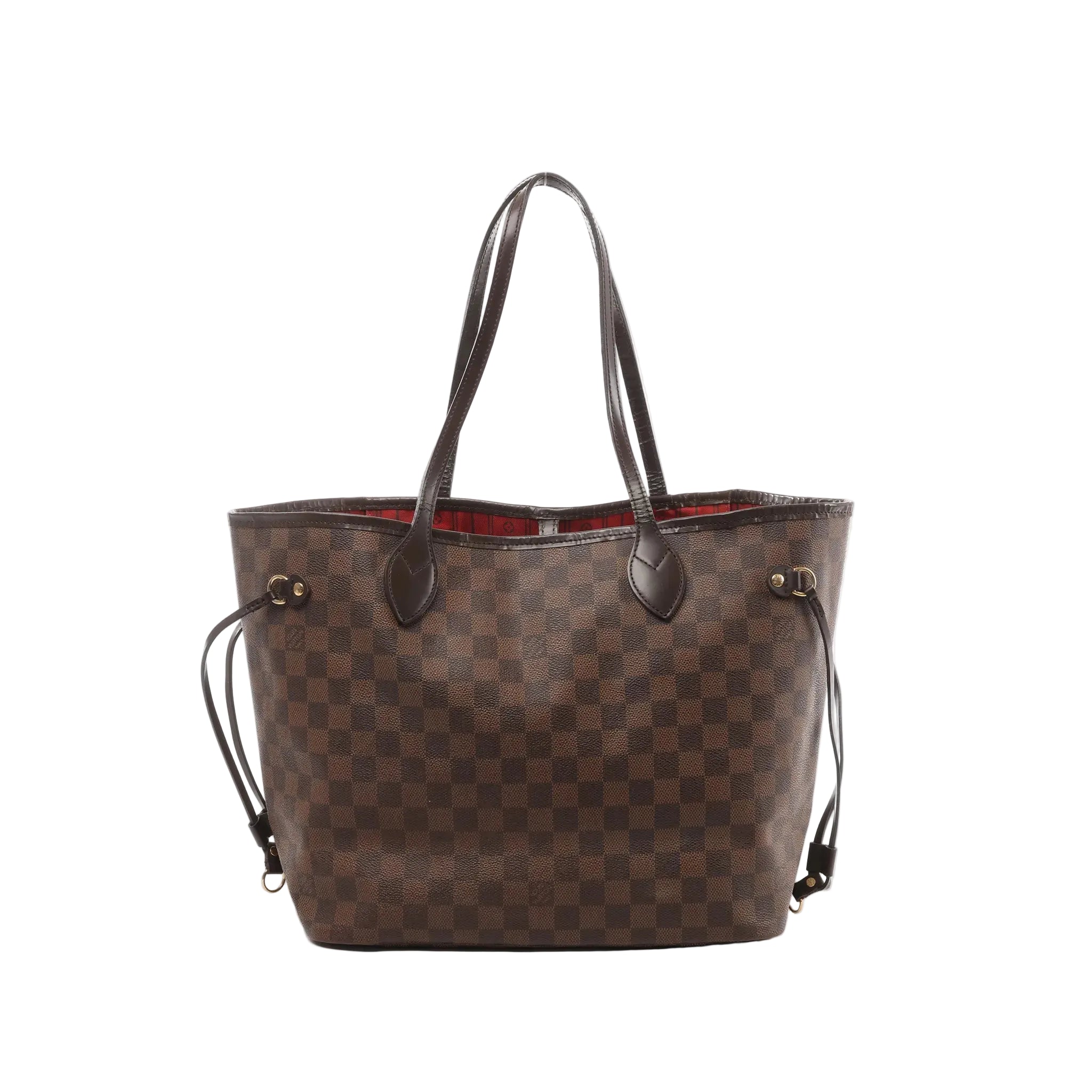Louis Vuitton Neverfull MM Damier Ebene checkered canvas tote with dark brown leather trim, slim shoulder straps, side drawstring laces, and red interior on a white background.