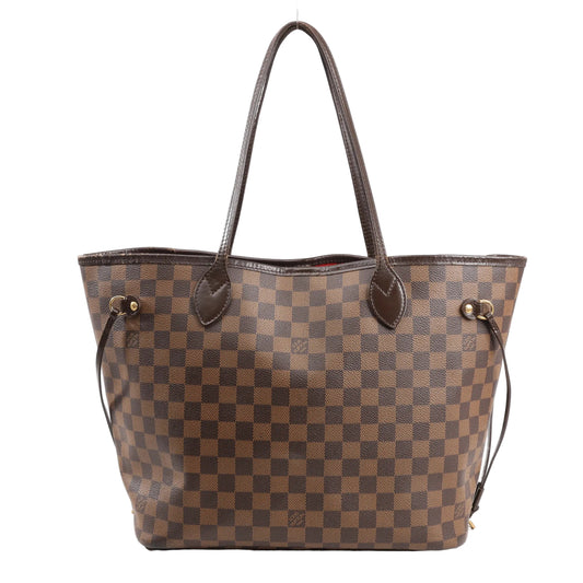 Louis Vuitton Neverfull MM shoulder bag in brown Damier Ebene coated canvas with dark brown leather trim, slim double handles, gold-tone hardware, and red interior lining.