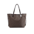 Brown Louis Vuitton Neverfull MM tote in Damier Ebene checkered canvas with dark leather shoulder straps, side cinch cords and gold-tone hardware.