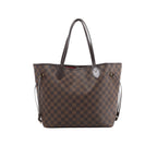 Brown Louis Vuitton Neverfull MM tote in Damier Ebene checkered canvas with dark leather shoulder straps, side cinch cords and gold-tone hardware.