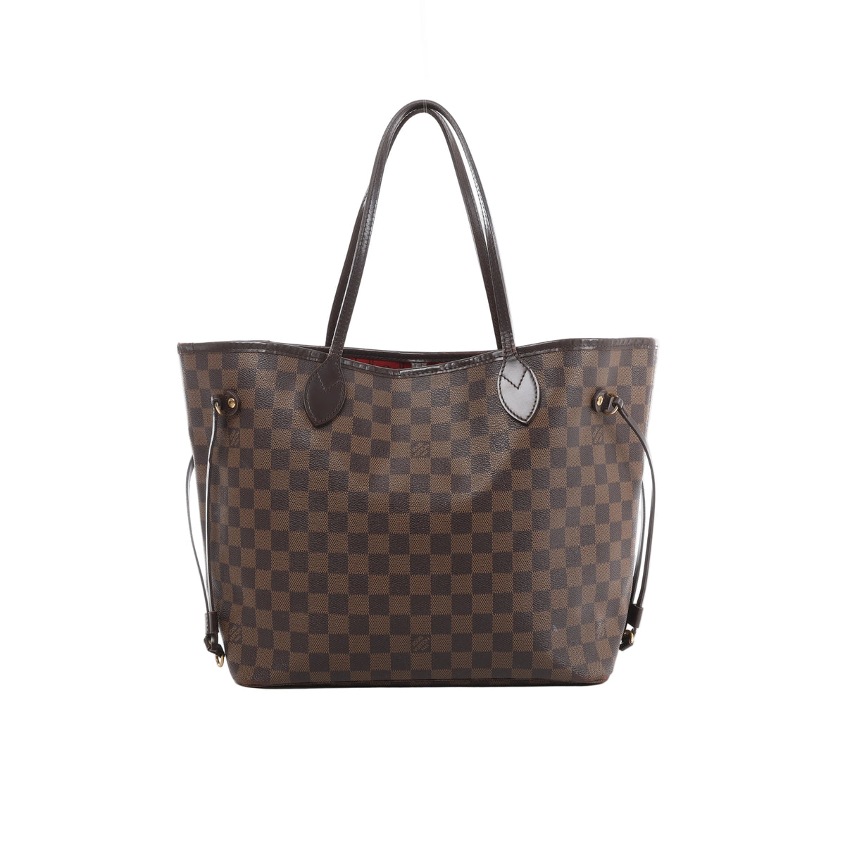 Brown Louis Vuitton Neverfull MM tote in Damier Ebene checkered canvas with dark leather shoulder straps, side cinch cords and gold-tone hardware.