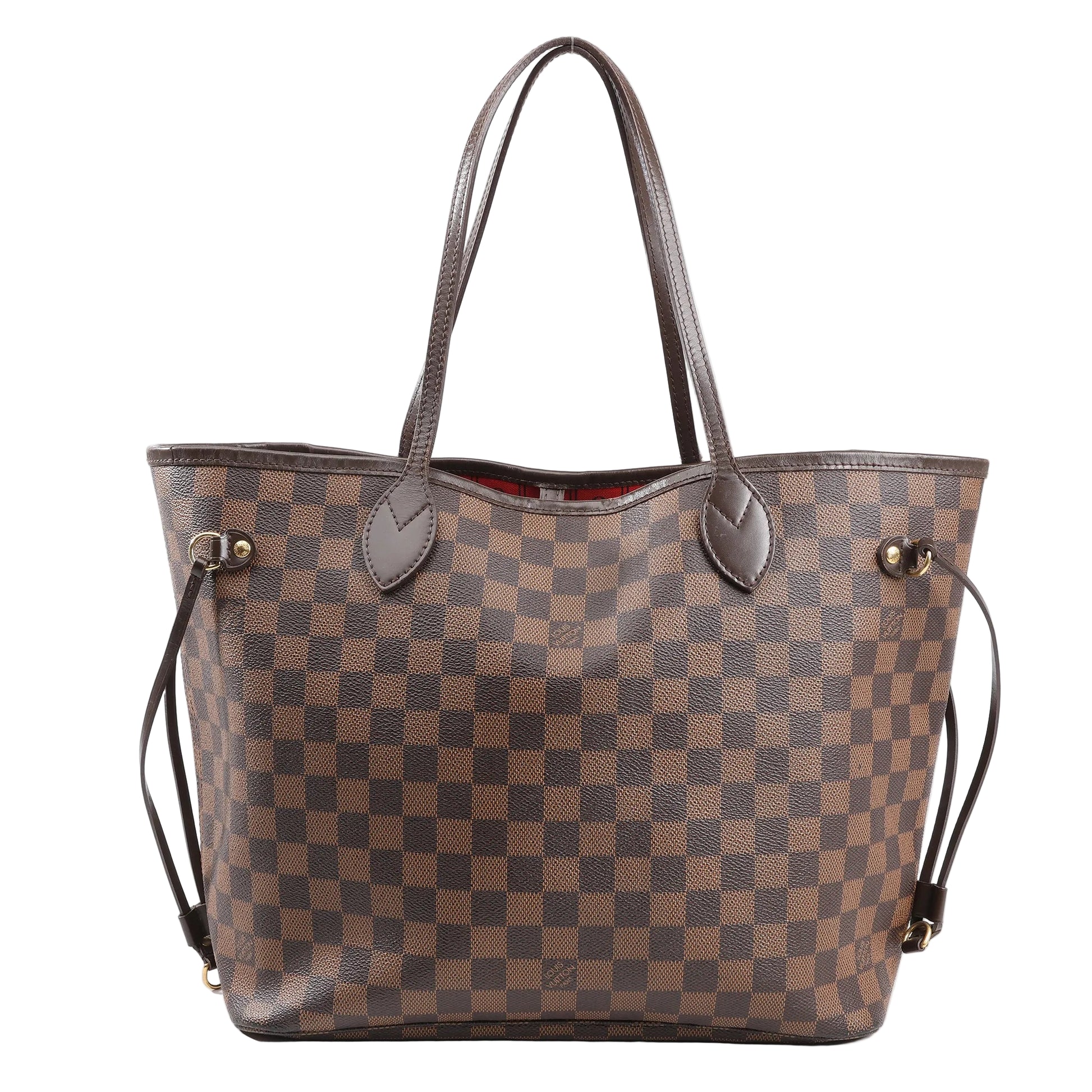 Louis Vuitton Neverfull MM N51105 shoulder bag in brown Damier Ebene coated canvas with slim leather shoulder straps, gold-tone hardware, red striped interior, and side drawstring details.