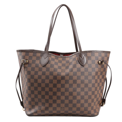 Louis Vuitton Neverfull MM N51105 shoulder bag in brown Damier Ebene coated canvas with slim leather shoulder straps, gold-tone hardware, red striped interior, and side drawstring details.