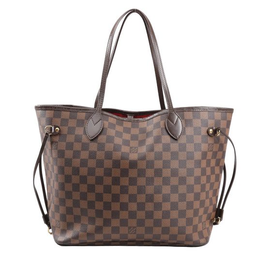Louis Vuitton Neverfull MM N51105 shoulder bag in brown Damier Ebene coated canvas with slim leather shoulder straps, gold-tone hardware, red striped interior, and side drawstring details.